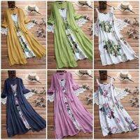 Special Offers Women Boho Long Sleeve Linen Kimono Cardigan Tops+Under Floral Dress 2PCS Set Plus Size 5XL