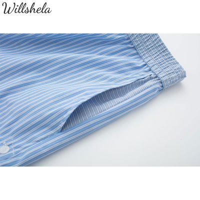 Willshela กางเกงขาสั้นเอไลน์ลายทางสีฟ้าแฟชั่นสำหรับผู้หญิงสีตัดกันกางเกงขาสั้นแบบลำลองผู้หญิงTH