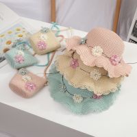 Summer Kids Straw Hat Shoulder Bag Outdoor Vacation Bags Children Girl Baby Beach 2pcs a Set Cute Floral Sun Cap 2-8 Age