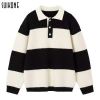 Suikone Mens turtleneck striped plush sweater Japanese casual style Polo neck long-sleeved sweater