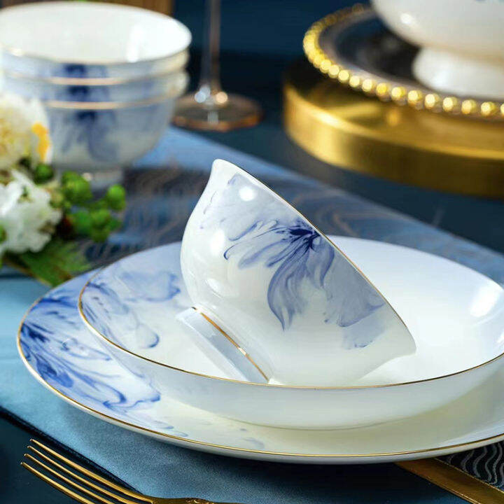 jingdezhen-ชุดเครื่องใช้บนโต๊ะอาหารปั้นดินเผาสีฟ้าและสีขาว2023เครื่องครัวดินเผาหรูหราจานถ้วยเอนกประสงค์ของจีนของขวัญ-nmckdl