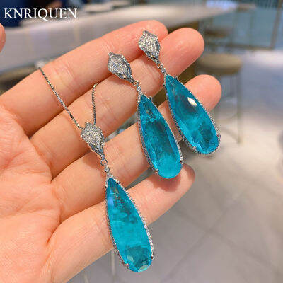 Luxury 925 Sterling Silver Wedding Fine Jewelry Sets for Girlfriend Big Paraiba Tourmaline Pendant Necklace Long Drop Earrings