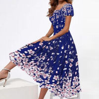 Fashion Square Neck Party Dress For Women Summer Elegant Floral Printed Vintage Long Dress Casual Short Sleeve Lady A-Line Dress