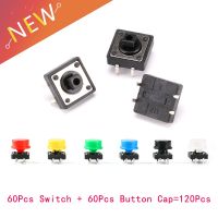 120Pcs 60pcs Plastic Tactile Switch PCB Tact Push Button Momentary Switch 4 Pins 60pcs 6 Color Button Cap 12x12x7.3mm