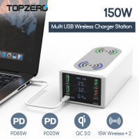 TOPZERO 150W 6 Ports Dual Wireless Charger QC3.0 PD 65W 20W USB C Fast Charger Smart LED Display Phone Travel Charger Adapter For Mobile Phone Tablet iPad