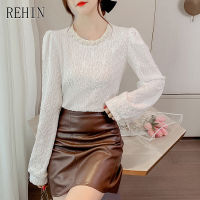 REHIN ผู้หญิงฤดูใบไม้ร่วงใหม่รอบคอ Jacquard เสื้อแขนยาวมุกตกแต่งฝรั่งเศสเสื้อหรูหรา