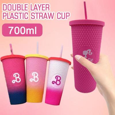 Barbie Pink Tumbler Mug Gradient Barbie Pink High Capacity Water Cup Layer Plastic Double W1P8