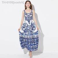 ✘☜♚ ocehrk Menahem verão moda azul e branco porcelana impressão férias maxi vestido feminino espaguete cinta v pescoço sem costas vestidos longos