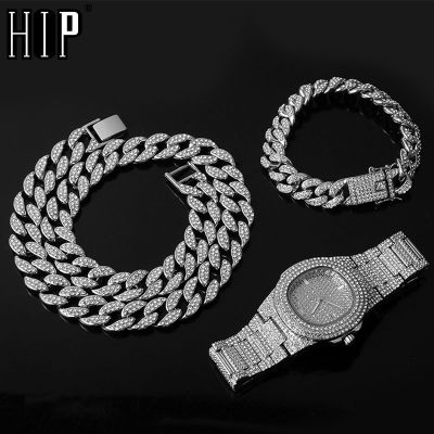 Necklace +Watch+celet Hip Hop Miami Curb Cuban Chain Gold Iced Out Paved Rhinestones CZ Bling Rapper For Men Jewelry