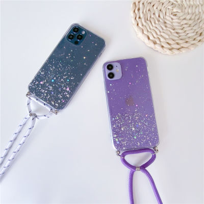 Bling Glitter Stars Sequin Phone Case For iPhone 13 11 12 Pro XS Max XR X 6 8 7 Plus SE 5 Mini Necklace Lanyard Soft Clear Cover