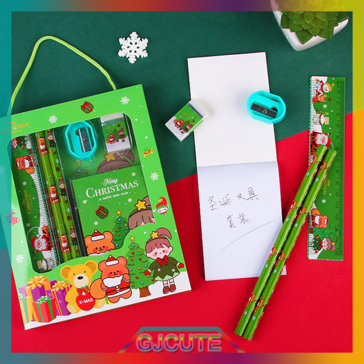 gjcute-6pcs-christmas-stationery-set-ดินสอเหลายางลบไม้บรรทัดชุดของขวัญสำหรับเด็ก-school-office-writing-supplies