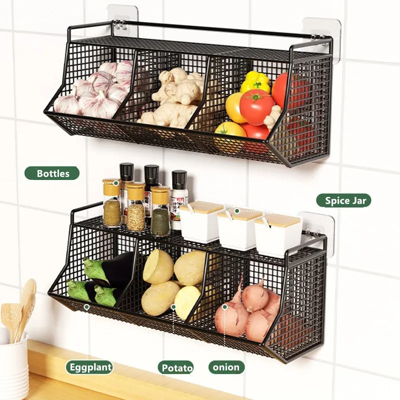 Wall Mounted Kitchen Storage Basket, Metal Organizer Storage Rack For Spice  vegetable Fruit