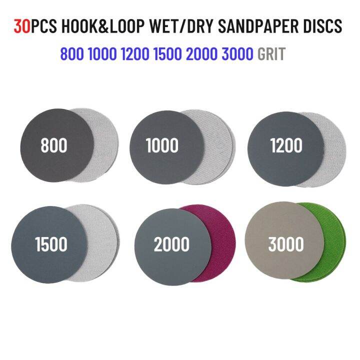 แผ่นกระดาษทรายทรงกลม30ชิ้น3นิ้ว75มม-แผ่นทรายกรวด800-1000-1200-1500-2000-3000แผ่นขัดตะขอและห่วงขัด