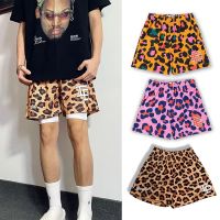 [3 Colors] Mens American Street Hip Hop Leopard Printed Shorts Above The Knee Quick-drying Causal Training Short Pants Yellow Pink