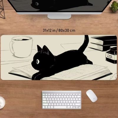 ♘❍◙ Black Cat Desk Mat Cute Mousepad Anime Aesthetic Mouse Pad XXL Gaming Deskmat 900x400 Coffee Beige Kawaii Manga Mice Mat Soft