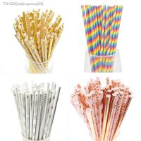 ✓ 25/50pcs Foil Gold/Silver Disposable Drinking Paper Straws Rainbow For Birthday Wedding Deco Christmas Party Event Supplies