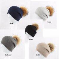 B178191 ladies strethy and soft knitting beanie with 15cm Real RAC POMPOM