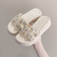 Chessboard Plaid Cute Slippers 2023 New Summer Thick Bottom Platform Heel Sandals Outer Wear Cross Pearl Slippers Women