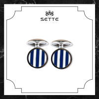 [SETTE] Round Strip Cufflinks Blue &amp; White Silver 925 Rhodium Plated With Enamel - BTS3747-M3 [เซตเต้] คัฟลิงค์รูปเส้นแถบ ลงยาสีน้ำเงินและขาว ตัวเรือนเงิน 925 ชุบโรเดียม