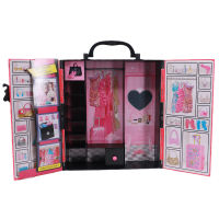 Barbies Doll 55 items=1x Wardrobe+1x Shoe Rack+1x Luggage+52x Accessories Doll Clothes Shoes Coat Hanger Bag Dollhouse Furniture