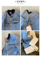 Jaket Denim Biru เครื่องเทศแนววินเทจสำหรับผู้หญิงเสื้อแจ็คเก็ตเอวลอยฤดูใบไม้ร่วง2023เสื้อโค้ทผ้าเดนิมสีทึบสำหรับผู้หญิงTH
