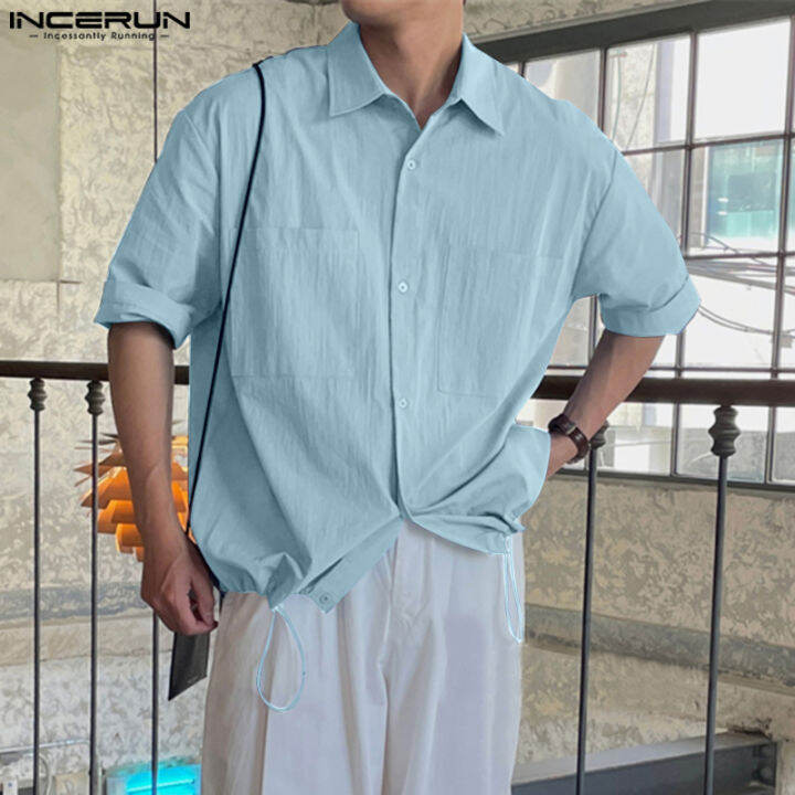 incerun-เสื้อเบลาส์เสื้อเชิ้ตที่มีน้ำหนักเบามีเชือกผูกสำหรับใส่สบายเก็บเอวผู้ชายแขนสั้น-สไตล์เกาหลี