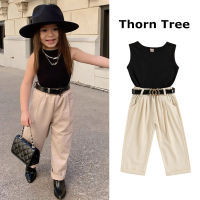 Thorn Tree 3 ชิ้นชุดเด็กผู้หญิงคอกลมแขนกุดเสื้อกล้าม + กางเกงลำลองพร้อมกระเป๋า + เข็มขัดคาดเอวชุดเสื้อผ้า 1-6 ปี