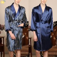 Men Sleepwear Wrap Nightwear Men Knee length Plus size Loose Bathrobe With pocket Nightgown