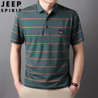 JEEP SPIRIT Mens Short-sleeved POLO Shirt Striped Mens Short-sleeved T-shirt Mens Bottoming Shirt Lapel Short-sleeved POLO Shirt