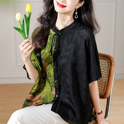 เสื้อเชิ้ตผู้หญิง,เสื้อเชิ้ตปลายสูงเปิดพุงสีตัดกันเสื้อยืดผู้หญิงขนาดใหญ่สไตล์เกาหลีมาใหม่