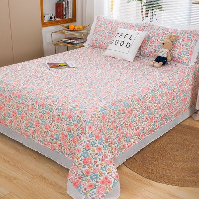 【Ready】🌈 New Washed Cotton Bed Cover Three-piece Set Thickened Non-slip Padded Bed Sheet Kang Cover Blanket Four Seasons Universal Bed Skirt Bedspread Cover
