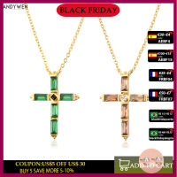 2021ANDYWEN 925 Sterling Silver Colorful Cross Pendant Necklace Long Chain Fine Jewelry Collar Corto Doris Verde Rosa Rock Punk Oro