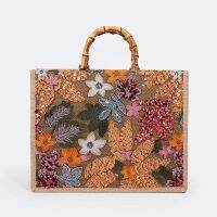 Vintage Bamboo Handle Women Handbags Sequins Embroidery Tote Bags Casual Linen Large Capacity Summer Beach Bag Big Female Purse