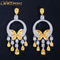 CWWZircons Quality Long Big CZ Stone Yellow Crystal Tassel Drop Earrings for Women Fashion Statement Wedding Party Jewelry CZ034