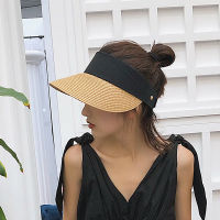 [hot]Summer Wear Woven Straw Hats Women Breathable Empty Top Casual Beach Visor Caps Wide Large Brim Hat Adjustable Foldable Sun Caps