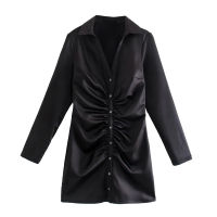 2021TRAF Za Women Black Dress 2021 Fashion Satin Mini Ruched Shirt Dress Woman Lapel Long Sleeve Buttons Casual Robe Ladies Dresses