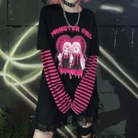 HOUZHOU Gothic T เสื้อผู้หญิง Mall Goth Top Harajuku สีดำแขนยาวเสื้อยืดปลอม2ชิ้น Punk Grunge Streetwear Alt E Girl