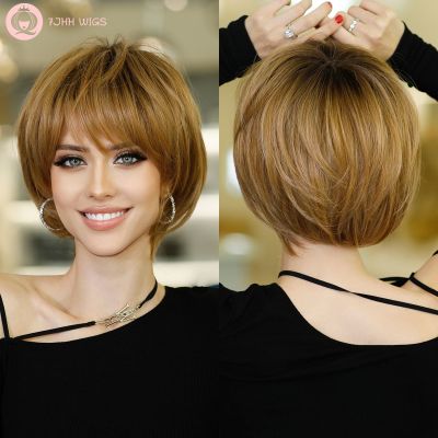 【jw】◑ 7JHH WIGS Short Straight Bob Wig Ombre Blonde for Synthetic Hair with Bangs Resistant