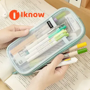 Grid Mesh Pencil Case 2 Compartment Pen Bags Clear Handheld Multifunction  Pencil Pouch For Teen Students Light Brown