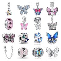 New 925 Silver shiny Butterfly Safety chain clip Beads Pendant Charm Women DIY Jewelry Fit Original Pandora Bracelet Gift Amulet