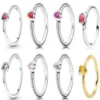 Original 925 Sterling Silver Sparkling Red Heart Ring Clear Heart Beaded Ring For Women Wedding Party Europe Fashion Jewelry