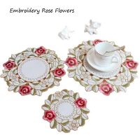 Popular round rose flower embroidery table place mat pad cloth placemat doily coffee tea coaster kitchen cup pad Christmas decor