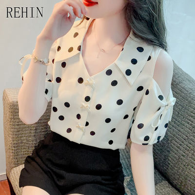 เสื้อชีฟองแขนสั้นผู้หญิง REHIN ที่ไม่มีสายหนัง Polka Dot Off Shoulder Trend Blouse