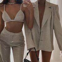 COD DSFWEWWWWW Bodycon Straight Pants Solid Color Fashion Casual Suit Womens Sexy Sequin Set Blazer Crop Top New Silver Polyester Beautiful Coat