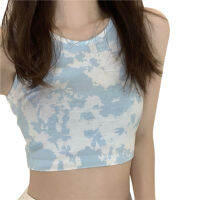 【 Dream-Life】เสื้อกล้ามผู้หญิง Tie-Dye ผู้ใหญ่ Slim-Fit Color Block Round Neck Crop Tops Sky Blue