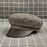 ? Japanese Wool Blend Houndstooth Retro Leather Along Flat Top Octagonal Cap Female Beret Autumn And Winter Peaked Cap