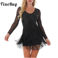 Womens Figure Skating Dress Tassels Long Sleeves Rhinestone Roller Skating Comition Costume Latin Rumba Dance Clothing