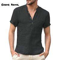 Summer Fashion Cotton Linen Casual T-Shirts Casual Male Short Sleeve V-Collar Breathable Mens Tee Button-up T S-5XL