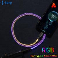 SURP 1M ลำแสง ชาร์จเร็ว 66W 100W ครับ ไล่ระดับสี สาย USB Type-C RGB สายเรืองแสง สายเคเบิลข้อมูล6A