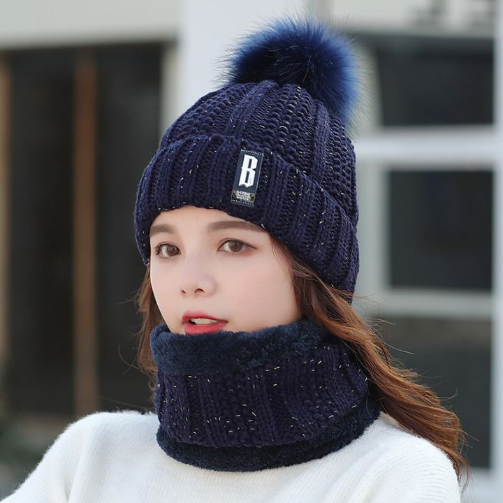 2-piece-suit-winter-women-scarf-hat-set-solid-pompoms-knitted-caps-and-scarves-keep-warm-accessories